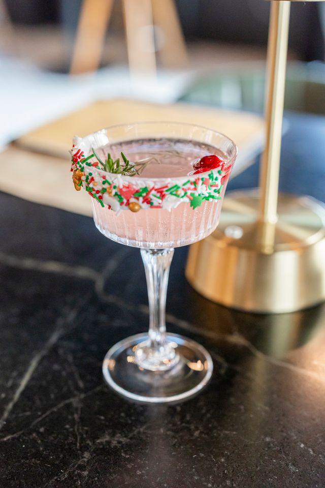 Holiday cocktail with sprinkled rim at The Boardroom Lafayette